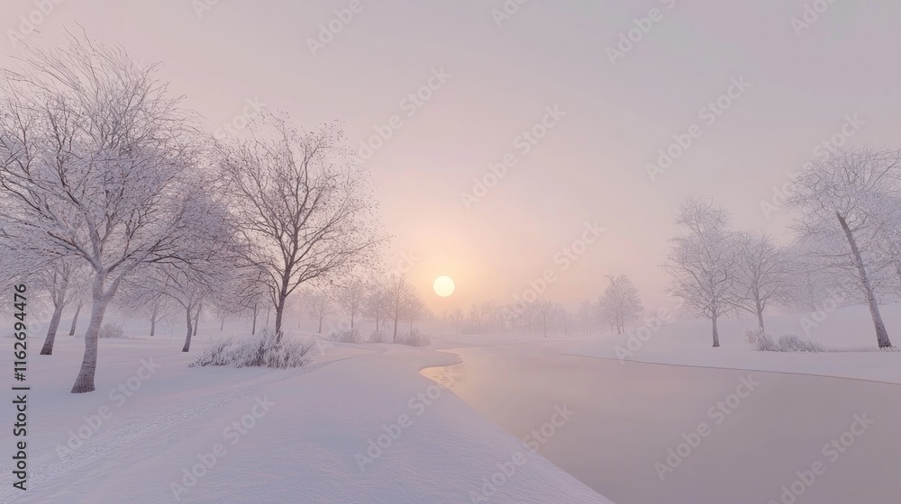 Serene winter landscape with a river and soft sunset glow. Serene winter landscape with a river and soft sunset glow.