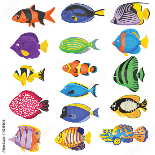 Cute cartoon hand drawn vector set of topical fishes clipart.