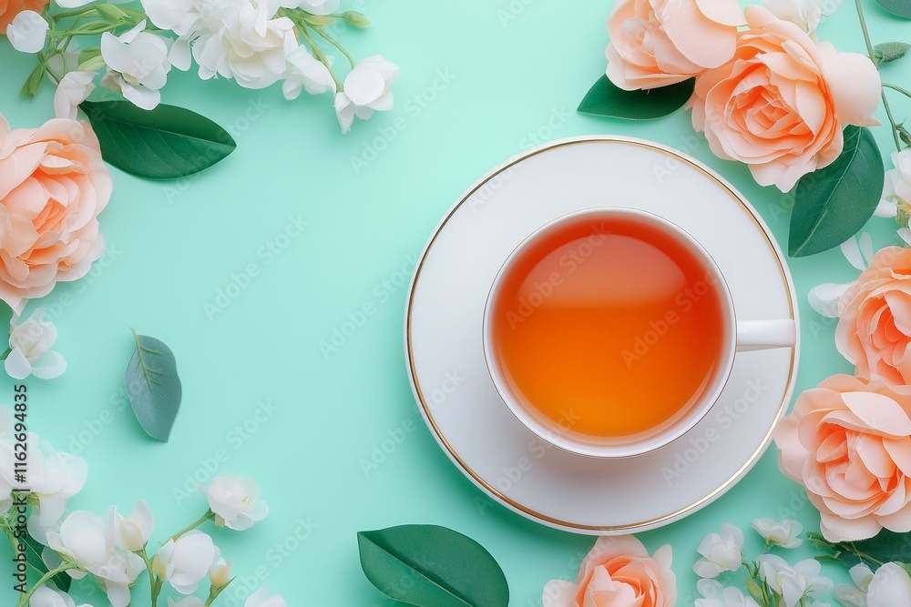 A calming tea in a white cup surrounded by soft pastel flowers on a mint green background. A calming tea in a white cup surrounded by soft pastel flowers on a mint green background.