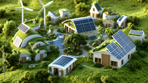 Eco-friendly village with solar panels and wind turbines.