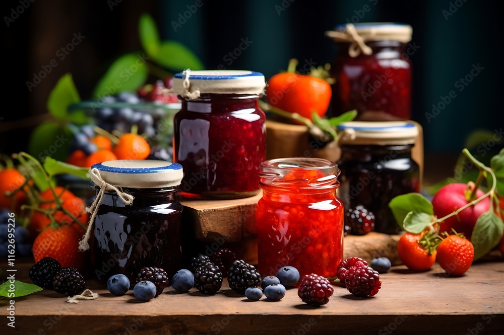 Glass jars with different kinds of jam and berries on wooden table Glass jars with different kinds of jam and berries on wooden table
