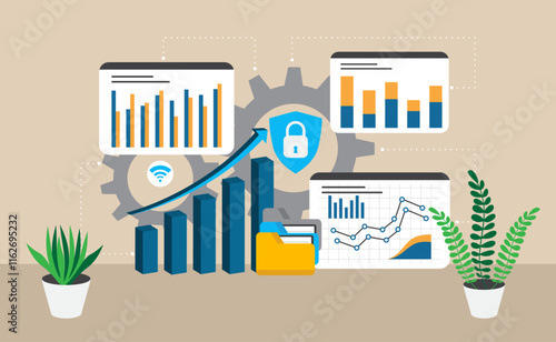 A central gear surrounded by secure data graphs and a shield with a lock, symbolizing data protection, growth, and analytics, framed by potted plants for balance.