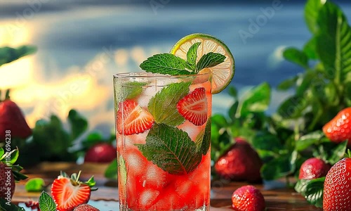 Strawberry lemonade mojito in a glass on a sandy beach background photo