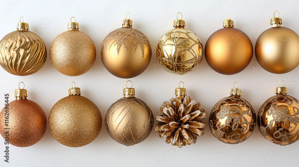 Gold Christmas ornaments arranged in two rows on a white background Gold Christmas ornaments arranged in two rows on a white background