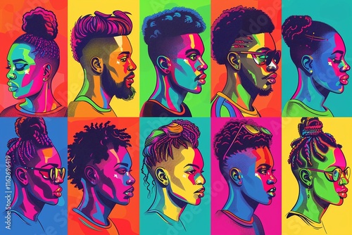 Vibrant pop art portraits of young Black men and women, showcasing diverse hairstyles and bold colors.