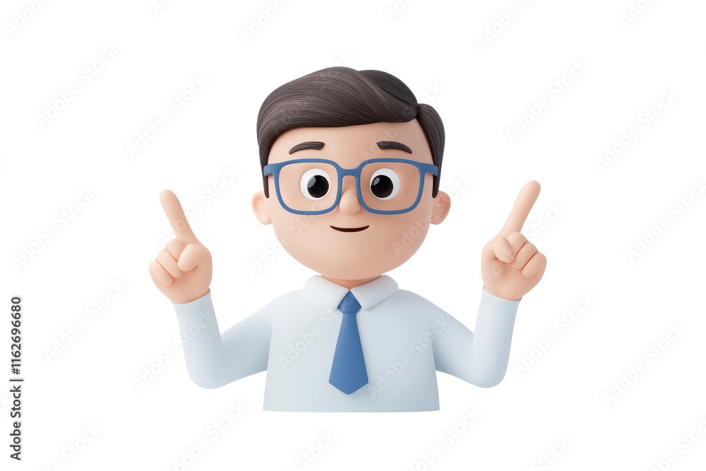 A cheerful animated character with glasses wearing a white shirt and blue tie, raising both hands with index fingers pointing upward. A cheerful animated character with glasses wearing a white shirt and blue tie, raising both hands with index fingers pointing upward.