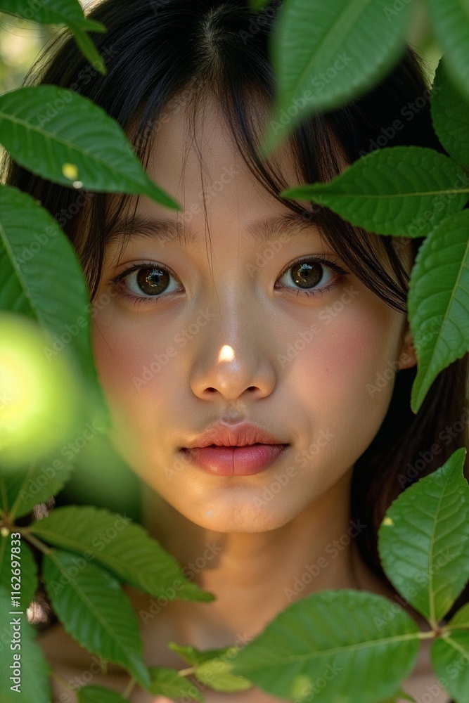 Young woman with a serene expression posing among green leaves in soft natural light Young woman with a serene expression posing among green leaves in soft natural light
