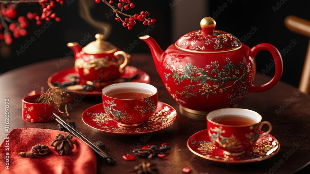 Fototapeta premium Traditional Chinese tea set on a decorated table for New Years celebrations, with red and gold elements, and space for text in a clean studio background