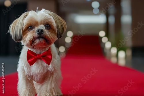 Adorable Small Dog with Red Bow Tie Walking on Red Carpet in Elegant Setting, Showcasing Pet Charm and Style for Fashion or Event Themes photo