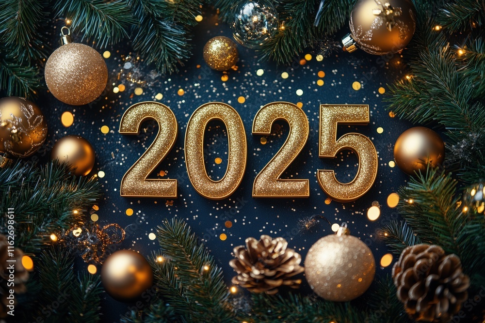 Glitzernde 2025-Dekorationen mit festlichen Elementen für Neujahrsfeiern Glitzernde 2025-Dekorationen mit festlichen Elementen für Neujahrsfeiern