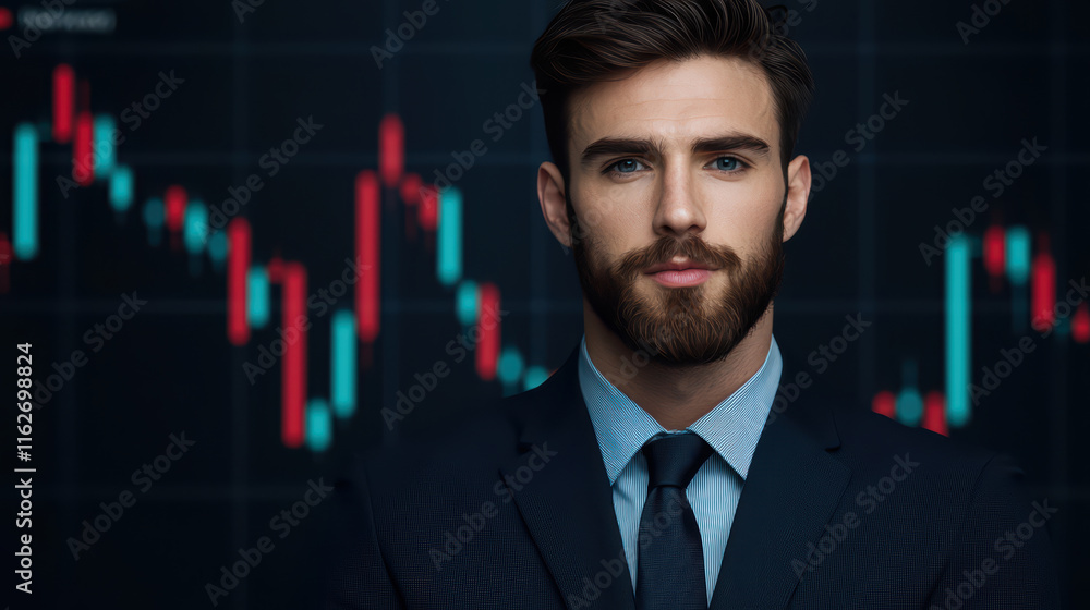 confident business professional stands in front of financial chart, showcasing expertise in finance and investment strategies confident business professional stands in front of financial chart, showcasing expertise in finance and investment strategies