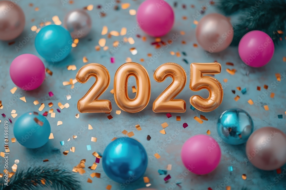 Feierlicher Start ins Jahr 2025 – Bunte Ballons und Konfetti Feierlicher Start ins Jahr 2025 – Bunte Ballons und Konfetti