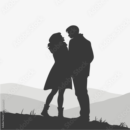  a black and white silhouette of a couple in a romantic embrace