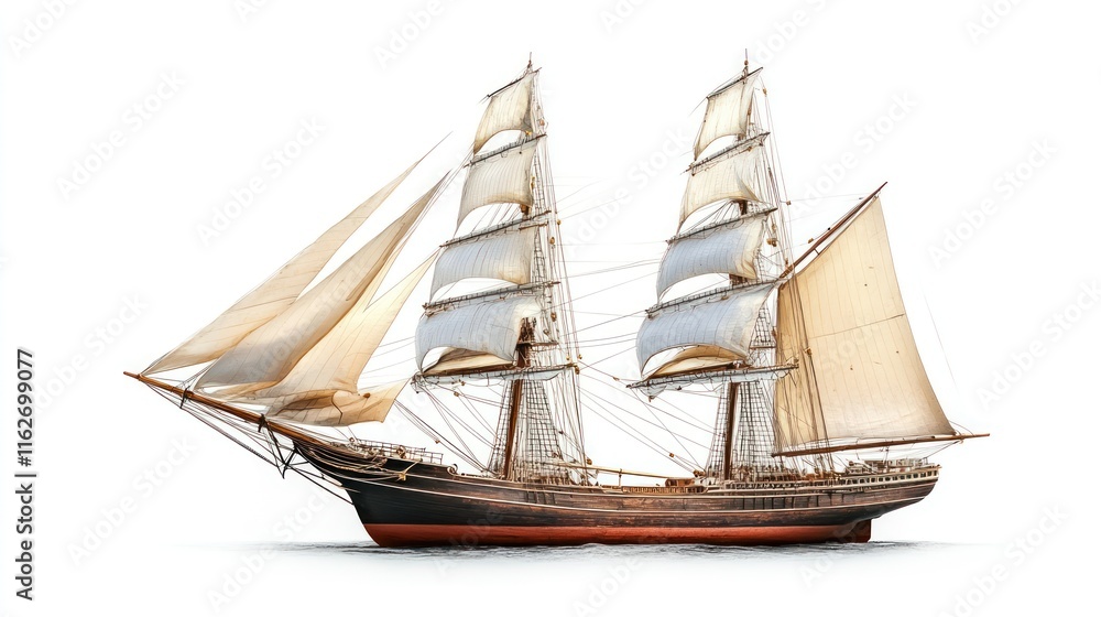 A detailed depiction of a classic sailing ship with multiple sails and a wooden hull. A detailed depiction of a classic sailing ship with multiple sails and a wooden hull.