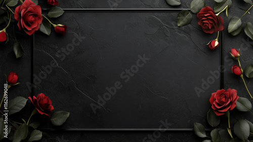 Funeral frame with roses ornament and condolence typography. Funereal vector square frame with in loving memory condolence obituary. Mourning obituary black card with rose flowers, leaves and buds photo