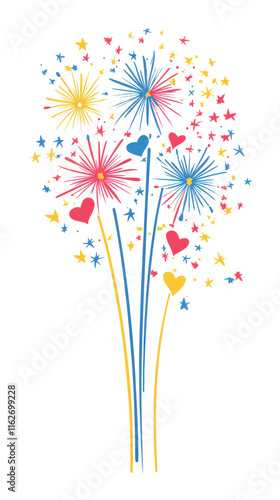 A Vivid Display of Fireworks with Hearts and Stars, a Festive Celebration Illustration