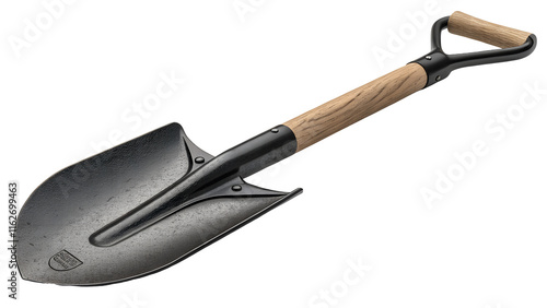 A garden shovel with black metal head and wooden handle isolated on transparent background  photo