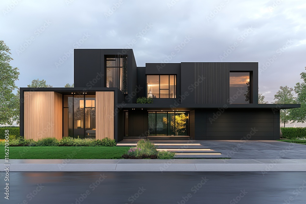 Minimalist Cubic House with Wooden Cladding and Concrete Walls and Front Yard Landscaping Minimalist Cubic House with Wooden Cladding and Concrete Walls and Front Yard Landscaping