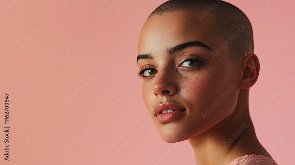 Woman with a shaved head standing confidently in a studio against a soft pink background, looking directly at the camera with a calm and resilient expression, symbolizing strength and cancer awareness Woman with a shaved head standing confidently in a studio against a soft pink background, looking directly at the camera with a calm and resilient expression, symbolizing strength and cancer awareness