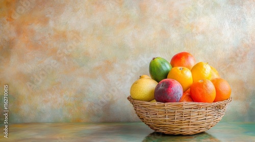 Fresh Fruits in a Basket on a Soft Wooden Table