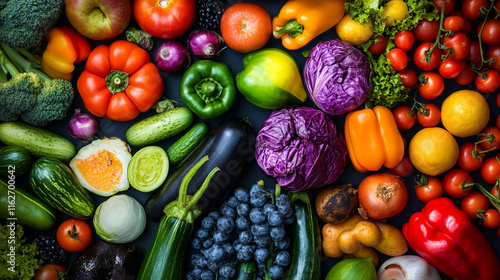Wallpaper Mural Colorful display of fresh vegetables and fruits arranged artistically on a dark surface Torontodigital.ca