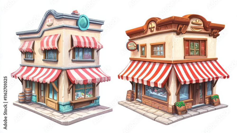 Cartoon shop and pizzeria icons with quaint buildings with striped red and white awnings, isolated on white Cartoon shop and pizzeria icons with quaint buildings with striped red and white awnings, isolated on white