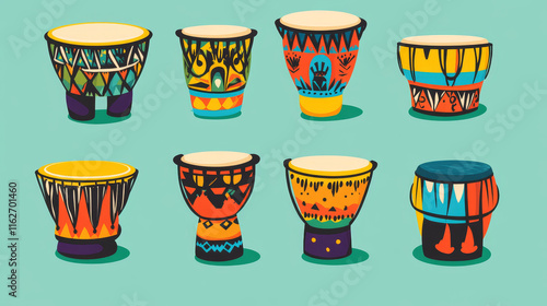 Brazilian and african drums, cartoon music instruments with traditional ornament. Vector Africa or Brazil ethnic or Latin folk percussion drums with drumsticks, carnival band djembe or cuica drums photo