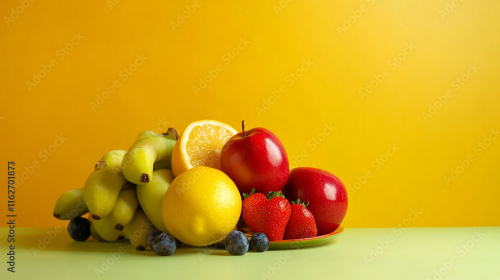 A colorful display of fresh fruits is arranged on a green surface A colorful display of fresh fruits is arranged on a green surface