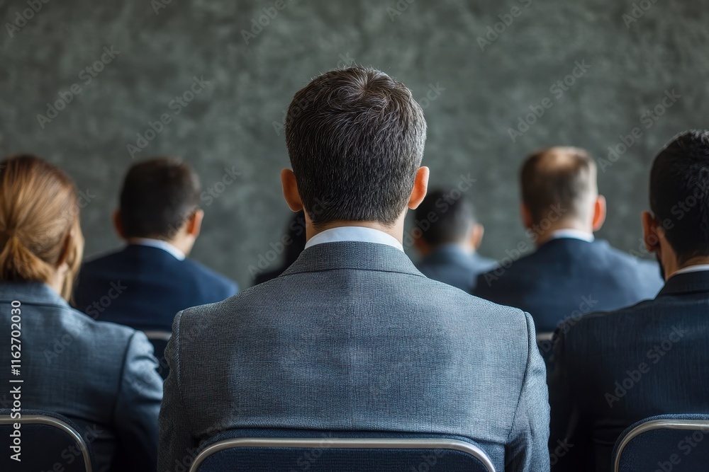 Obraz premium A diverse group of professionals dressed in business attire sits facing away in a conference room while a speaker presents in front of them. The focus is on their attentive posture and engagement.