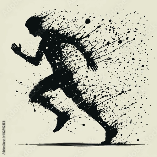 ink silhouette with splashes of a man running to the left