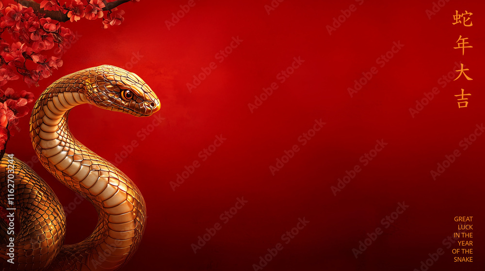 Obraz premium Golden Snake with Cherry Blossoms on Red Background for Chinese New Year and Great Luck in the Year of the Snake Chinese Type