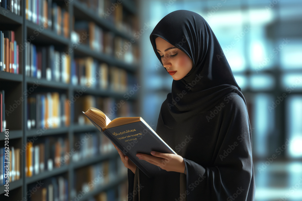 Arab woman in a modern library reading a book while wearing a sleek abaya.