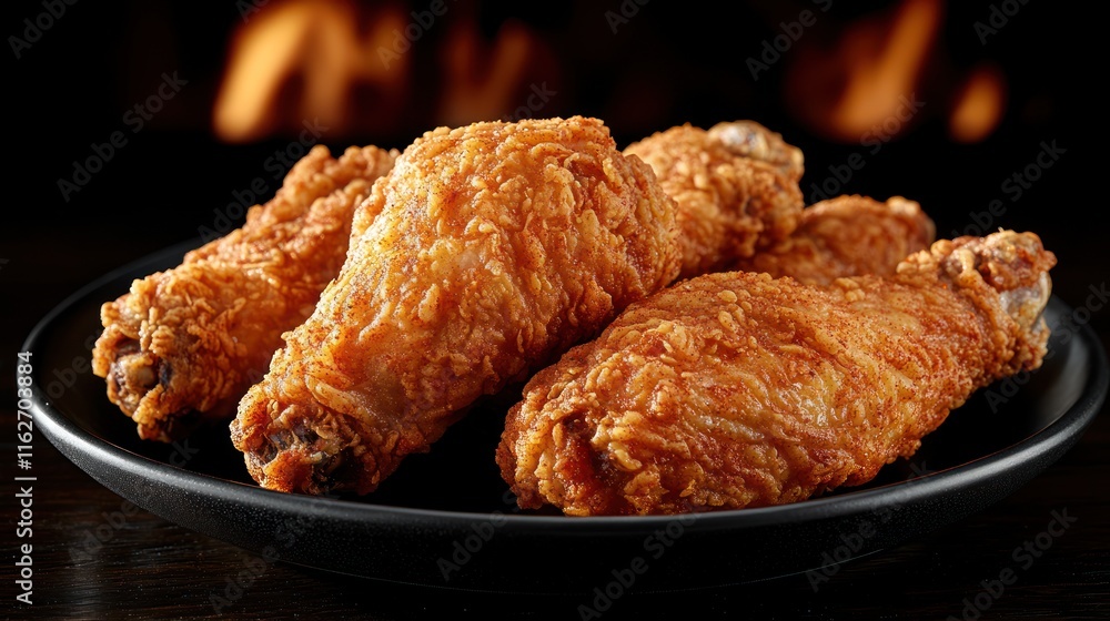 Crispy fried chicken drumsticks on a dark plate, close-up. Crispy fried chicken drumsticks on a dark plate, close-up.