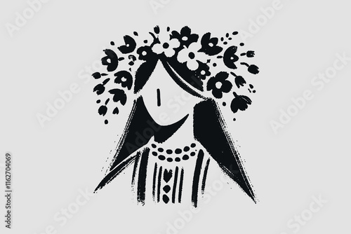 Minimalistic hand drawn portrait of Ukrainian woman with wreath in brush style