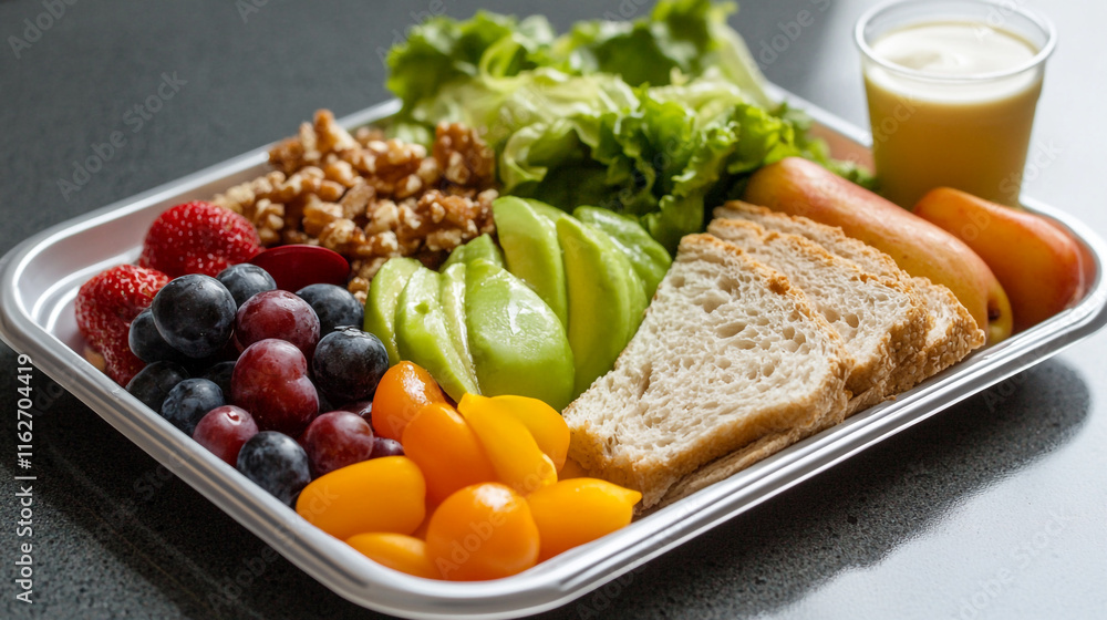 Healthy food tray with fruits, vegetables, and bread for a balanced meal Healthy food tray with fruits, vegetables, and bread for a balanced meal