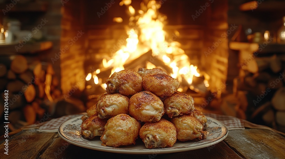 Crispy roasted chicken drumsticks stacked high on a plate in front of a cozy fireplace. Crispy roasted chicken drumsticks stacked high on a plate in front of a cozy fireplace.