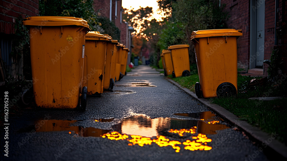 Naklejka premium Sunset reflected in puddles between yellow bins in an alleyway.