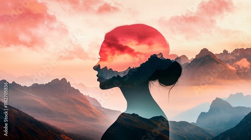 Silhouette of a woman intertwined with a mountain, symbolizing strength, nature, and harmony
