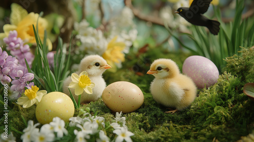 Easter eggs and chicks, vector Easter egg hunt holiday. Chicken and chicks on green grass with spring flowers of blooming daffodils, crocuses, lily of the valley and flying swallow birds in blue sky photo