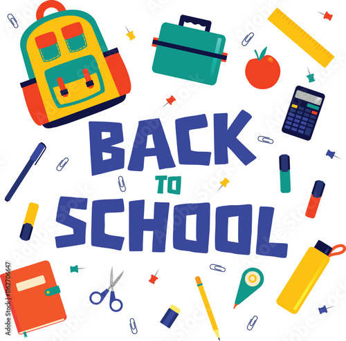 Vibrant back to school-themed design featuring colorful school supplies, including a backpack, stationery, and a lunchbox. Ideal for back to school promotion or student-related theme.
