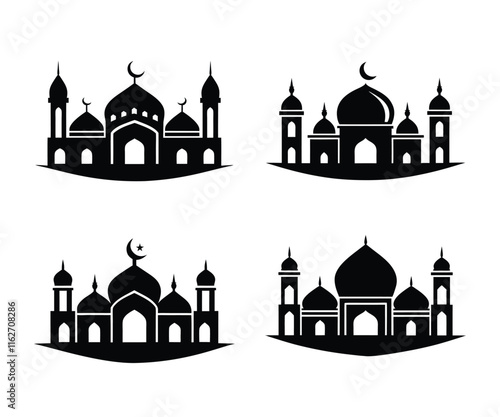 Set of 4 Muslim mosque silhouette. Modern mosque icon with white background. Muslim mosque silhouette festival vector illustration. photo