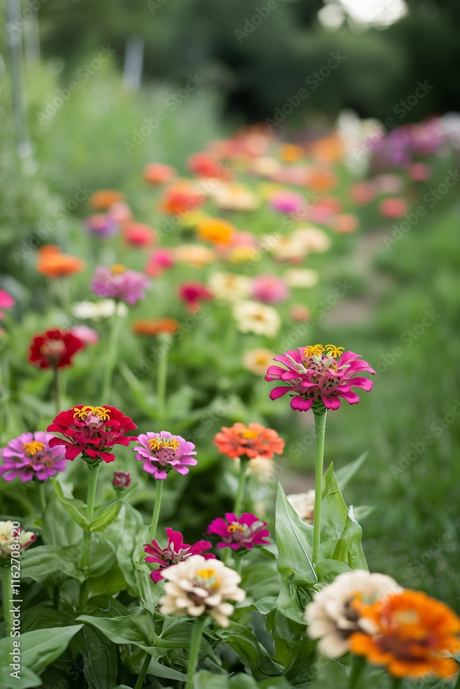 Vibrant Zinia Flower Garden Path: Blooming Summer Flowers Vibrant Zinia Flower Garden Path: Blooming Summer Flowers