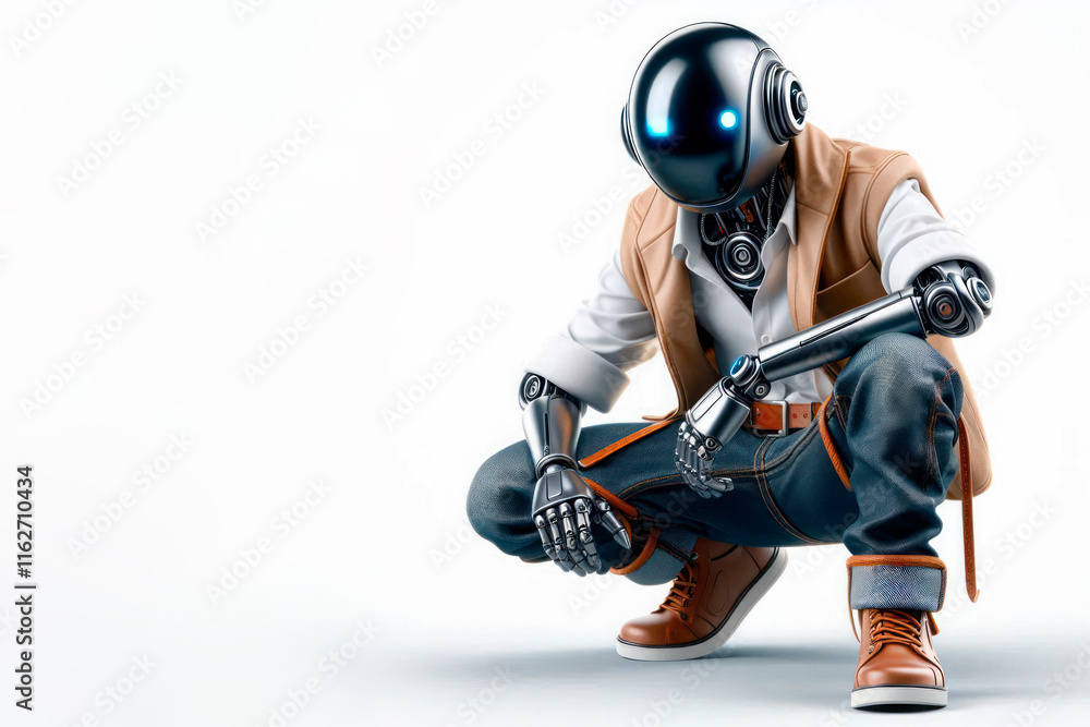 A robot in stylish clothes is squatting. Space for text. A robot in stylish clothes is squatting. Space for text.