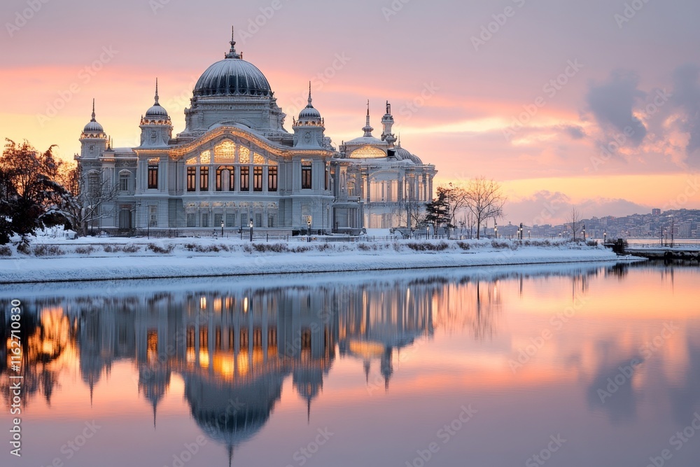 Obraz premium A dramatic shot of the DolmabahÃ§e Palace reflecting its grandeur along the waterfront