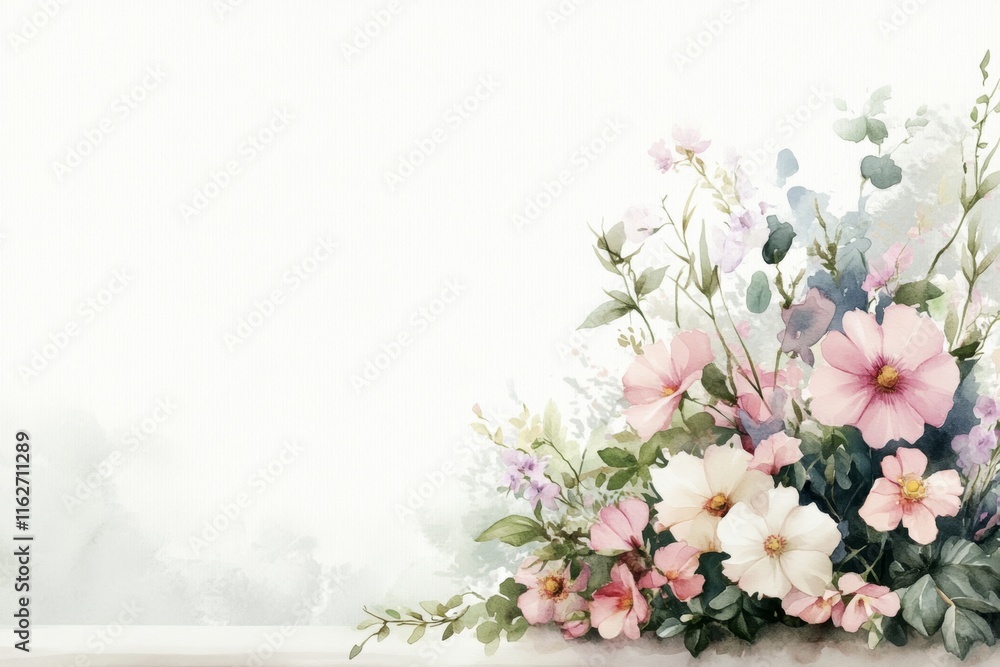 Obraz premium A dreamy watercolor of a stone wall with cascading ivy, surrounded by pastel flowers in a serene landscape