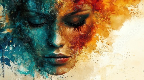 Abstract portrait of a woman's face, half teal and half orange. photo