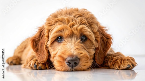 Adorable Red Cobberdog Puppy Laying Down on White Background - Cute Labradoodle Dog Photo for Pet Lovers and Stock Imagery photo