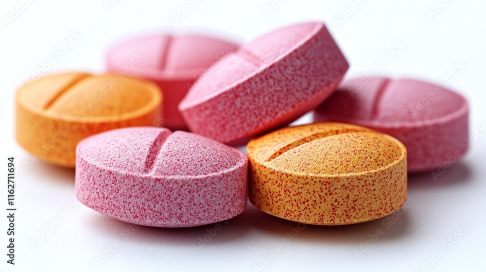 Close-up of pink and orange pills on white background. Close-up of pink and orange pills on white background.