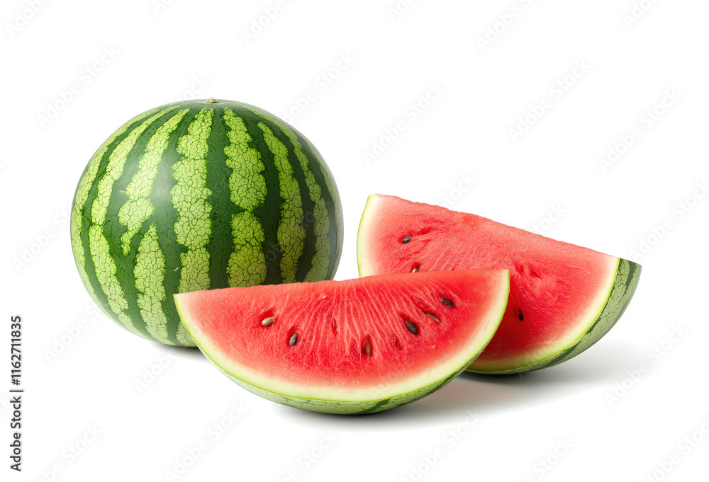 Sliced watermelon featuring bright red flesh and seeds alongside a whole fruit isolated on white background. Sliced watermelon featuring bright red flesh and seeds alongside a whole fruit isolated on white background.