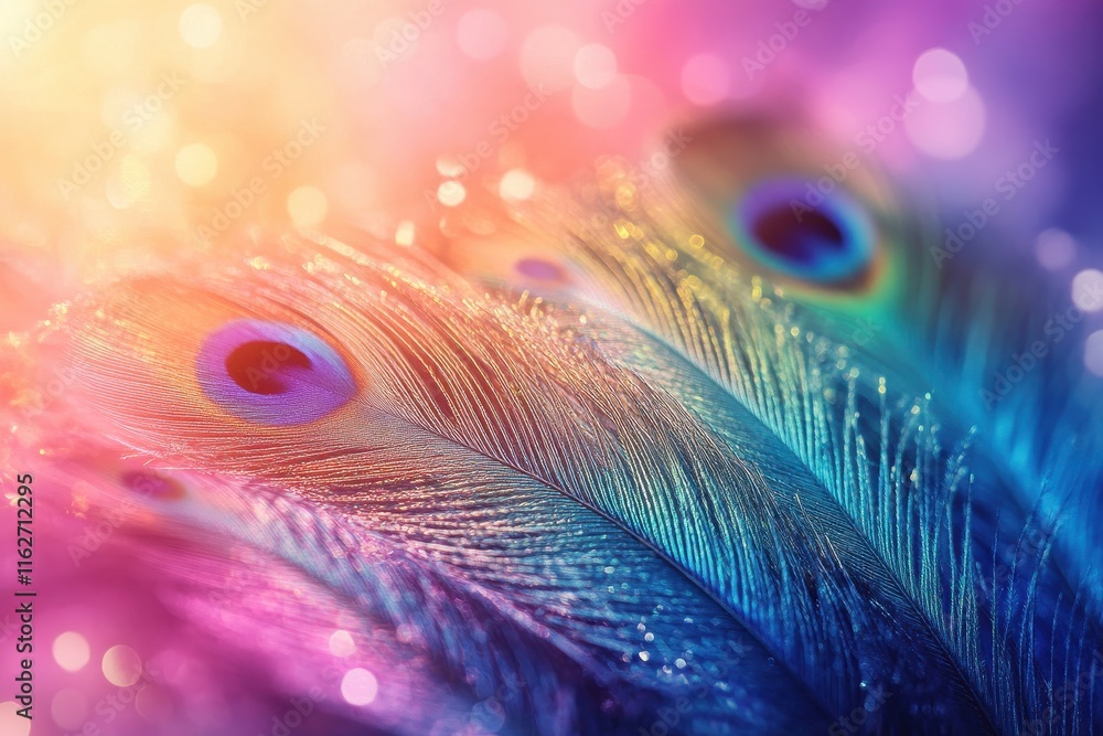 Naklejka premium Stunning peacock feathers display vivid colors, showcasing their iridescent qualities against a blurred, vibrant backdrop filled with bright lights during sunset.